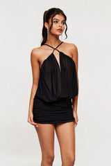 Apphia Mesh Plunge Ruch Backless Mini Dress In Black