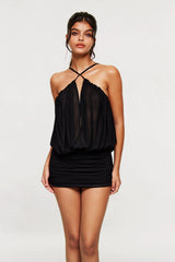 Apphia Mesh Plunge Ruch Backless Mini Dress In Black