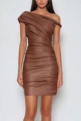 Aquaria Ruch Twist Asymmetric Leather Mini Dress In Brown