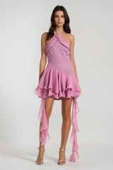 Aracely Halter Neck Mesh Ruffle Fringe Mini Dress In Pink