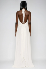 Aradhya Flower Ruffle Halter Neck Mesh Maxi Dress In White