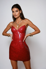 Ardin Crocodile Pattern Strapless Leather Mini Dress