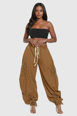 Astrid Drawstring Lace Up Jeans In Khaki