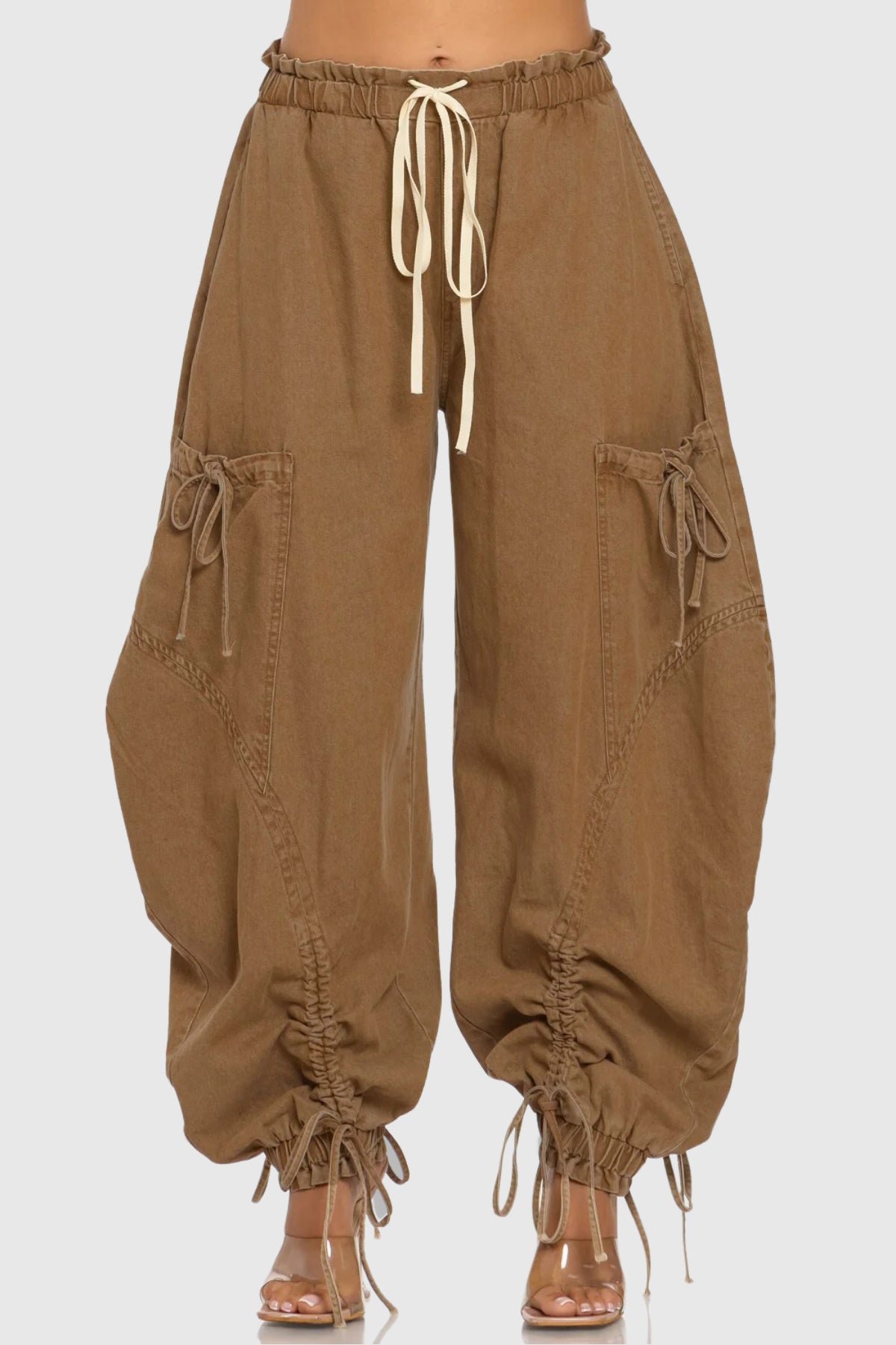 Astrid Drawstring Lace Up Jeans In Khaki
