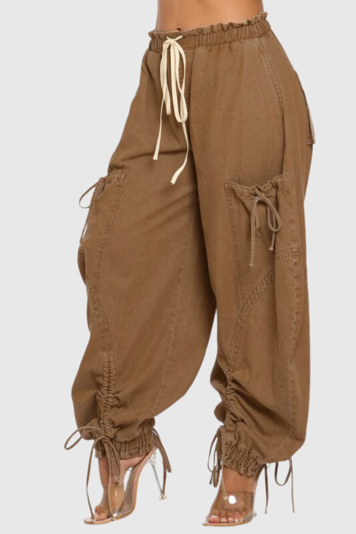 Astrid Drawstring Lace Up Jeans In Khaki