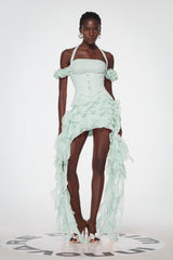 Baha Ruch Ruffle Fringe Mini Dress In Green