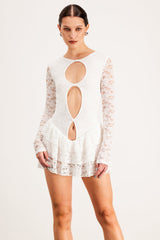 Balendin Lace Cutout Mesh Mini Dress In White