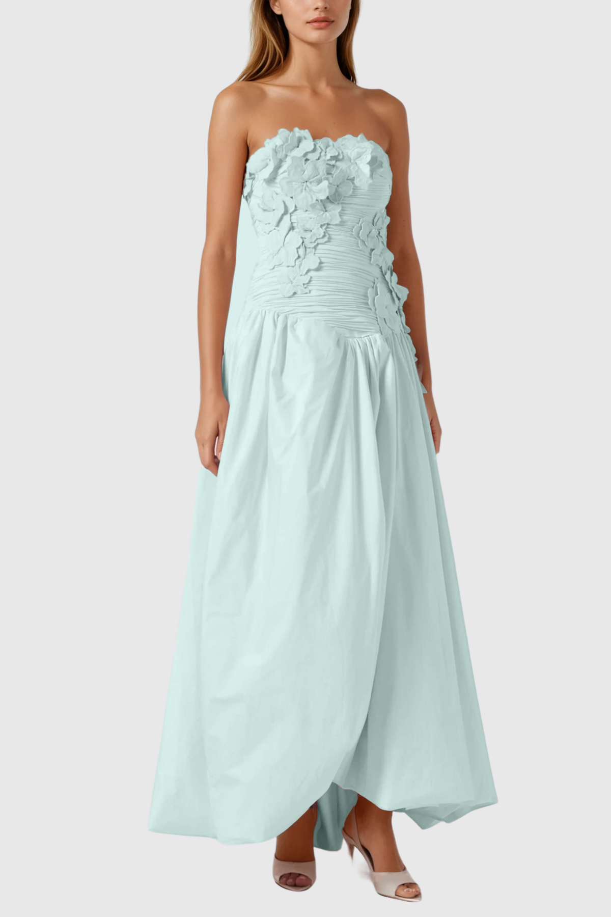 Batsheva Strapless Flower Ruch Puffy Maxi Dress In Green