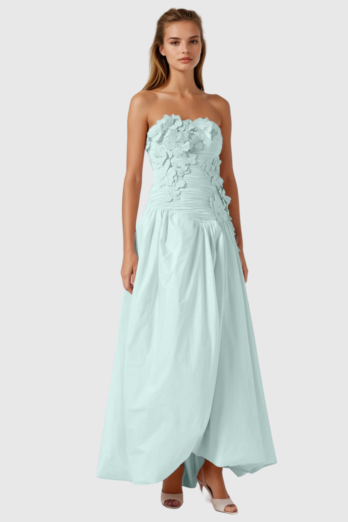 Batsheva Strapless Flower Ruch Puffy Maxi Dress In Green