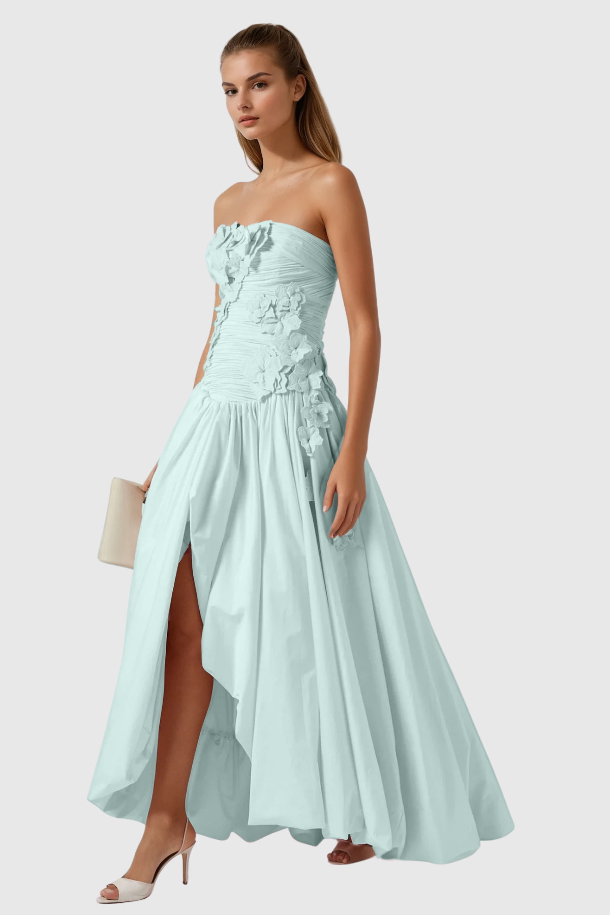 Batsheva Strapless Flower Ruch Puffy Maxi Dress In Green