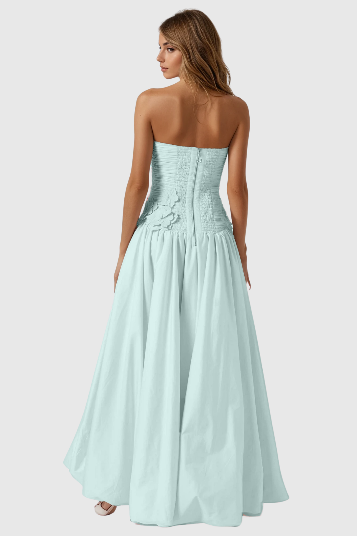 Batsheva Strapless Flower Ruch Puffy Maxi Dress In Green
