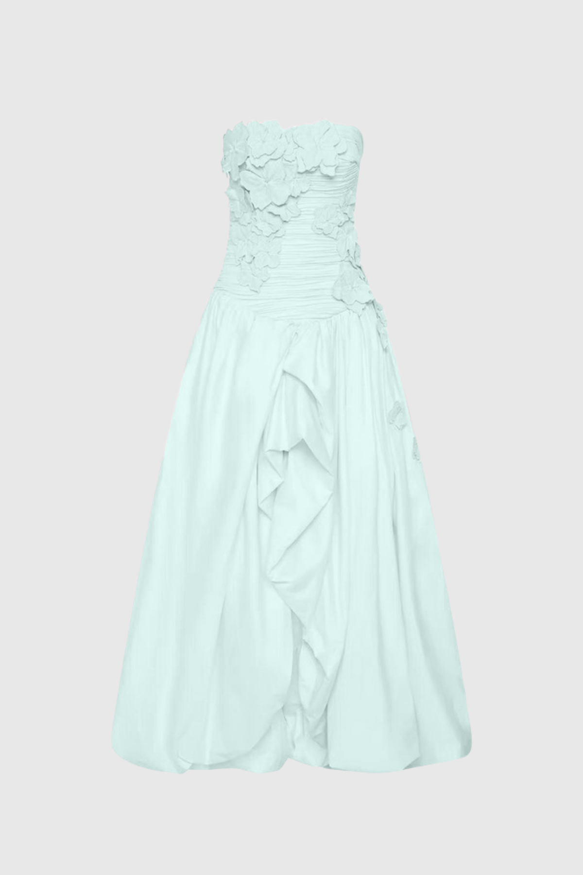 Batsheva Strapless Flower Ruch Puffy Maxi Dress In Green