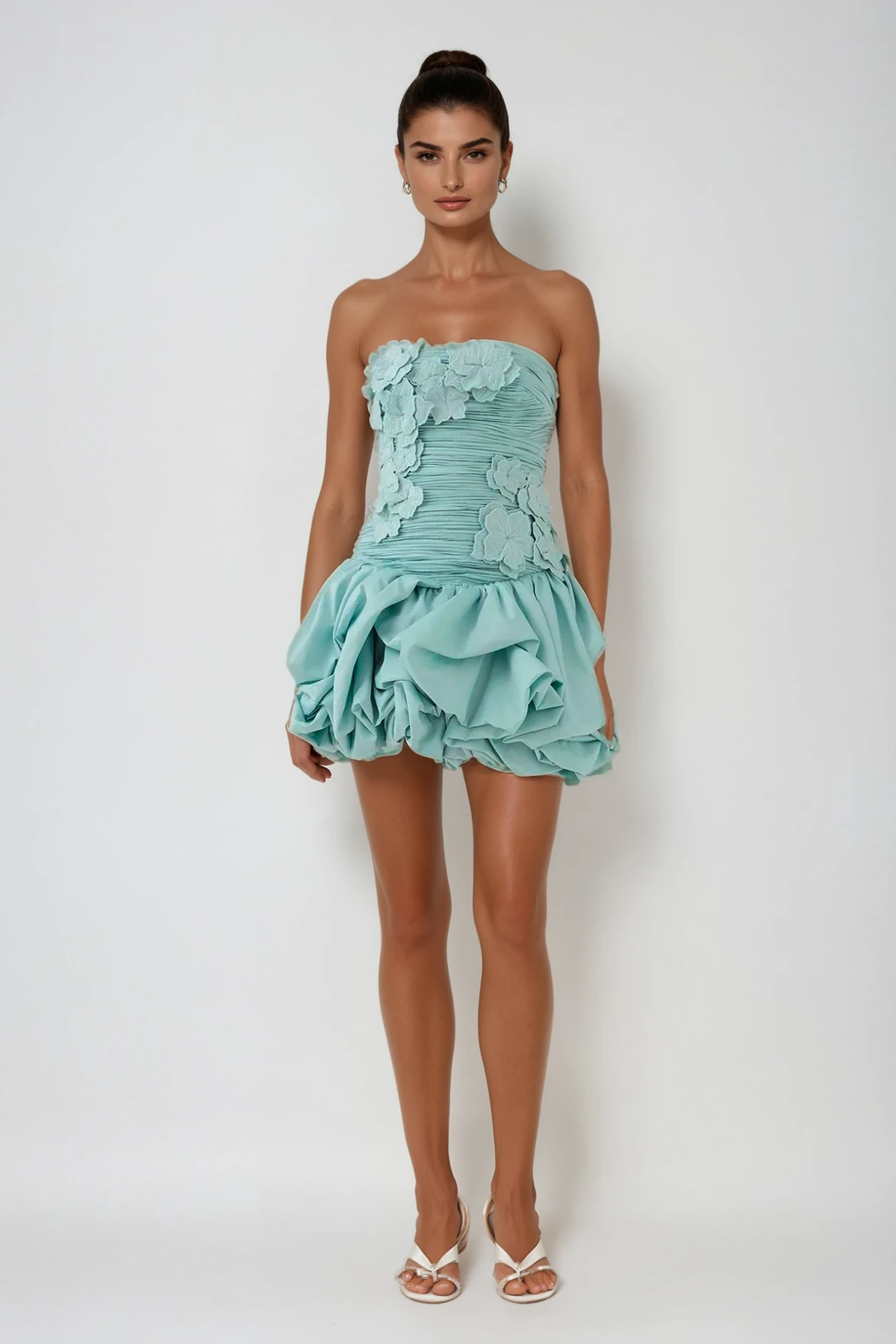 Batsheva Strapless Flower Ruch Puffy Mini Dress