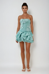 Batsheva Strapless Flower Ruch Puffy Mini Dress