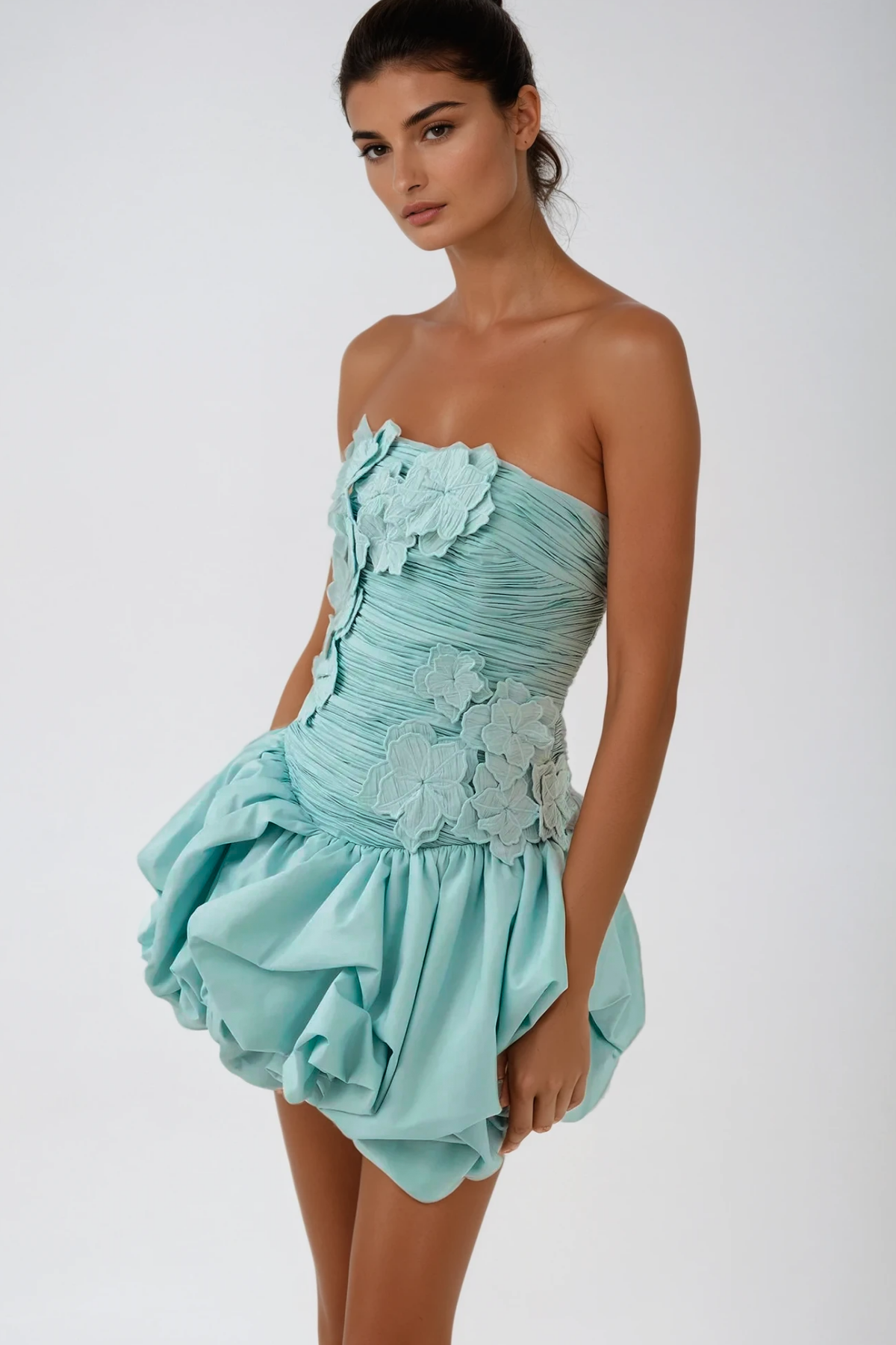 Batsheva Strapless Flower Ruch Puffy Mini Dress