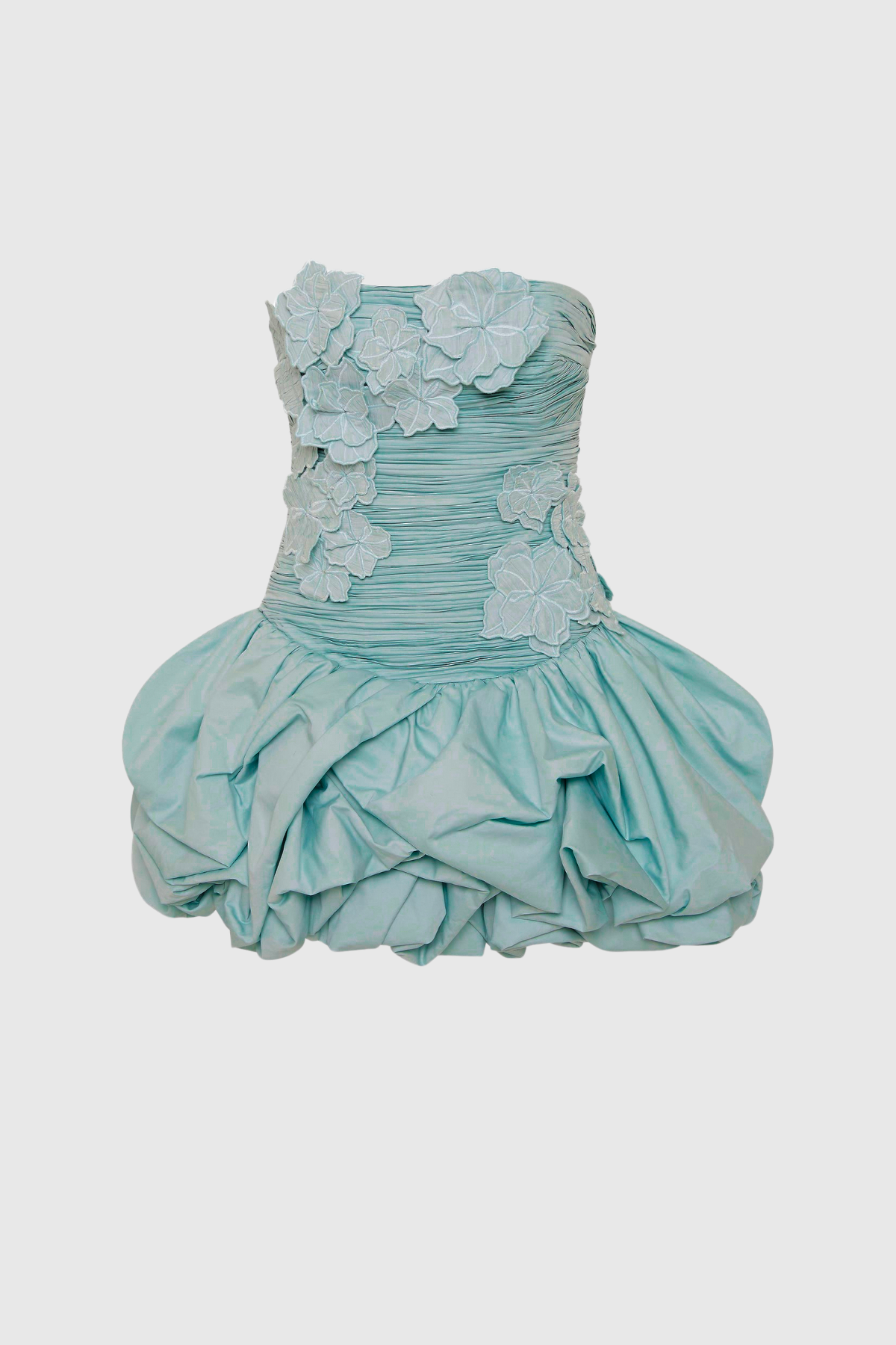 Batsheva Strapless Flower Ruch Puffy Mini Dress