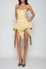 Bedagi Ruch Halter Neck Ruffle Fringe Mini Dress