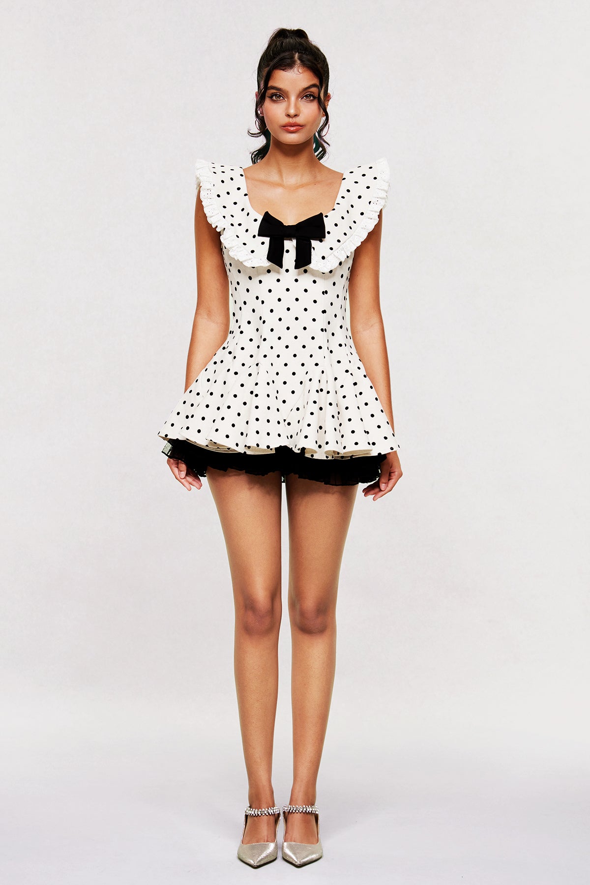 Bede Dot Plunge Lace Ruffle Mini Dress