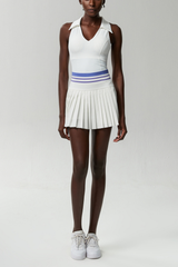 Beil Lapel Sleeveless Ruch Stripe Skirt Set In White