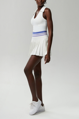 Beil Lapel Sleeveless Ruch Stripe Skirt Set In White