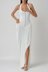 Bellamy Halter Neck Asymmetric Ruch Maxi Dress