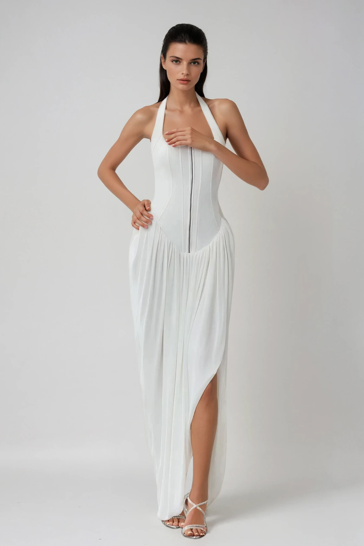 Bellamy Halter Neck Asymmetric Ruch Maxi Dress