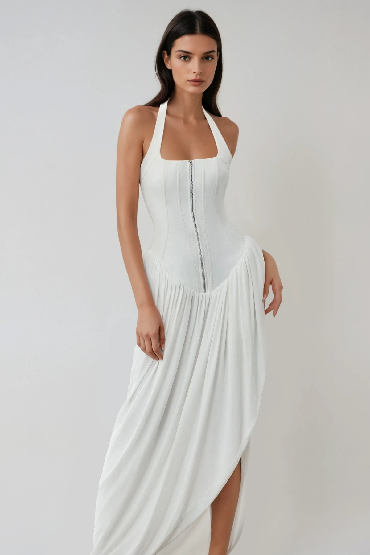 Bellamy Halter Neck Asymmetric Ruch Maxi Dress