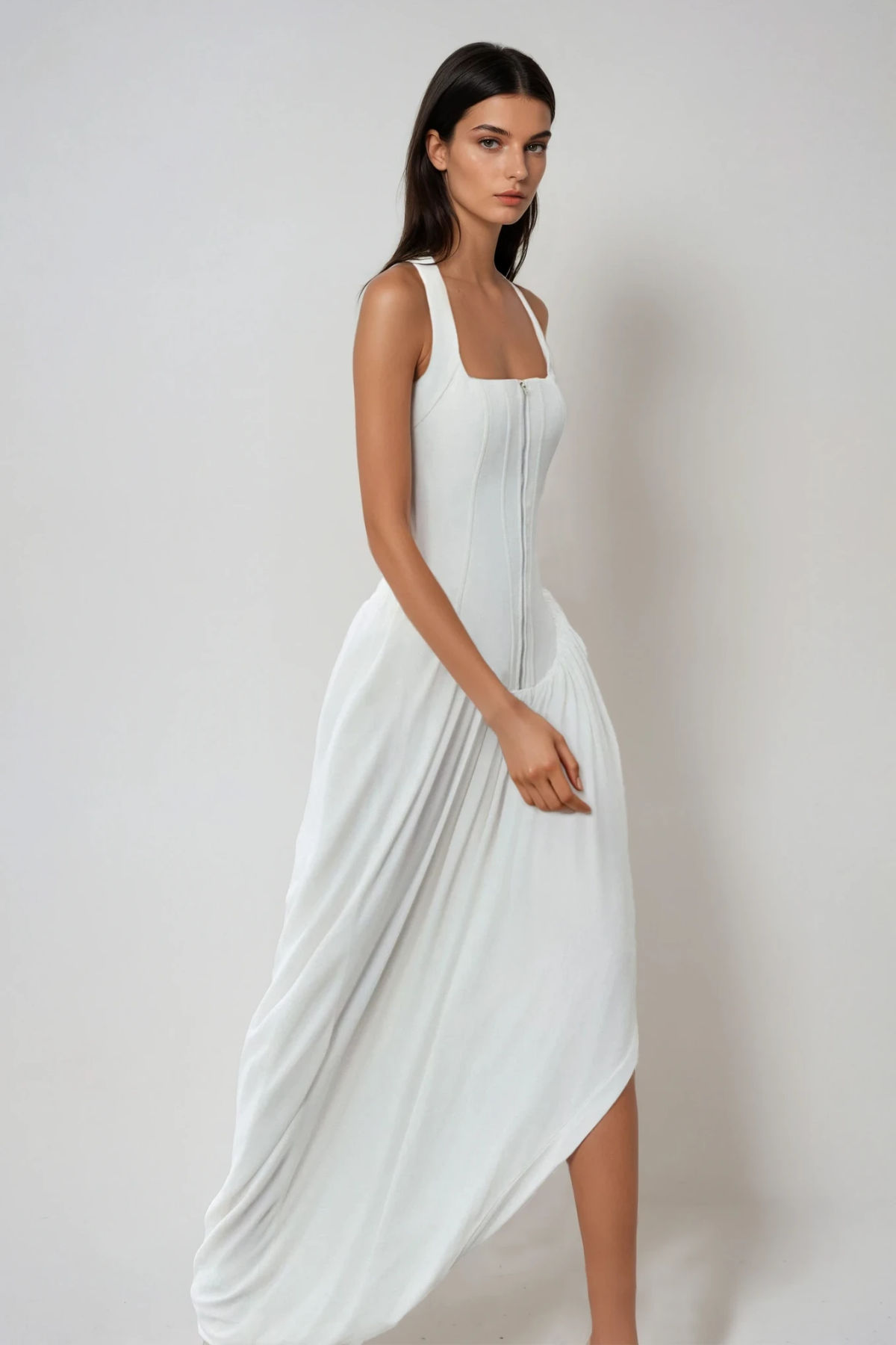 Bellamy Halter Neck Asymmetric Ruch Maxi Dress