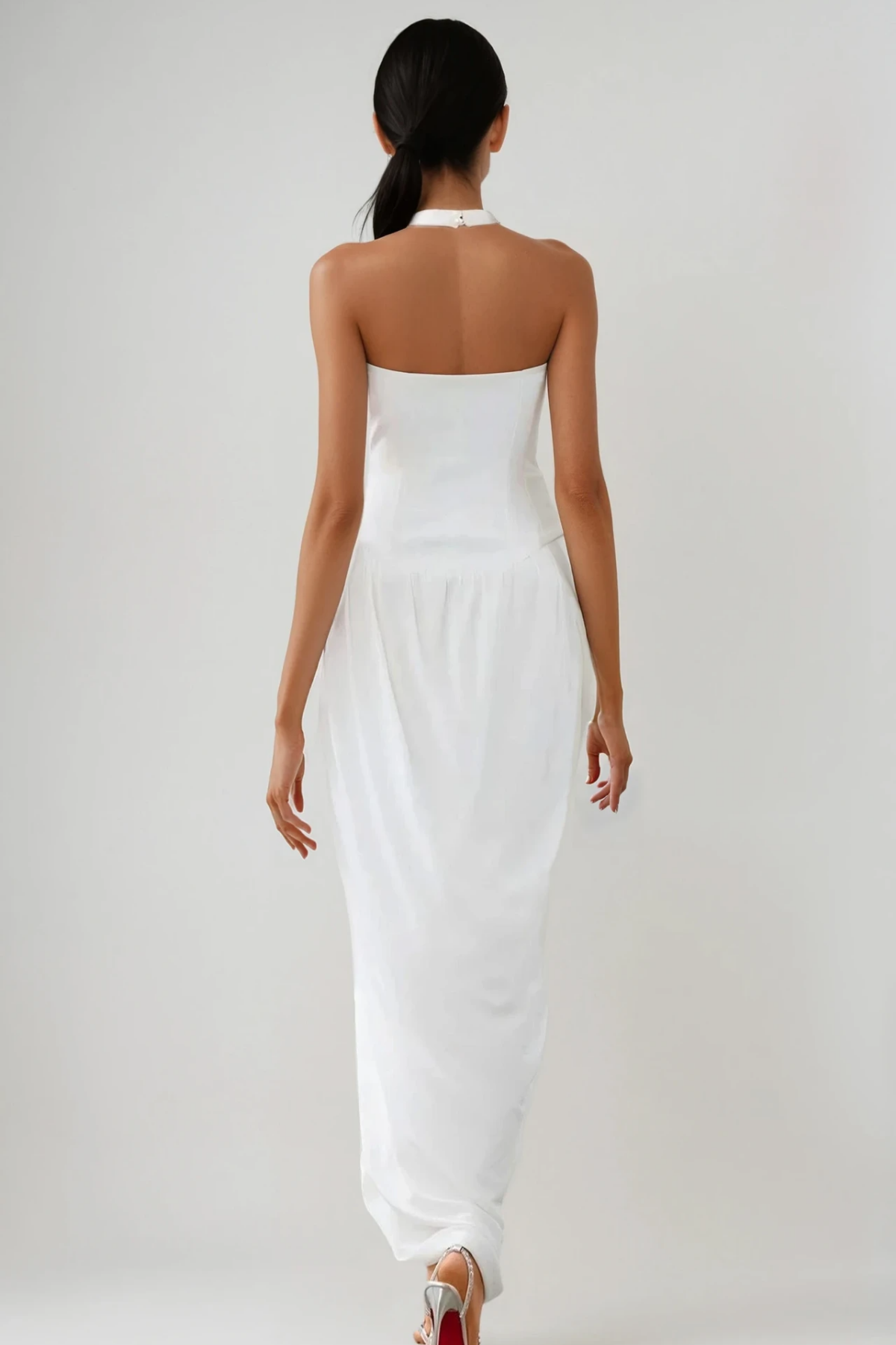 Bellamy Halter Neck Asymmetric Ruch Maxi Dress