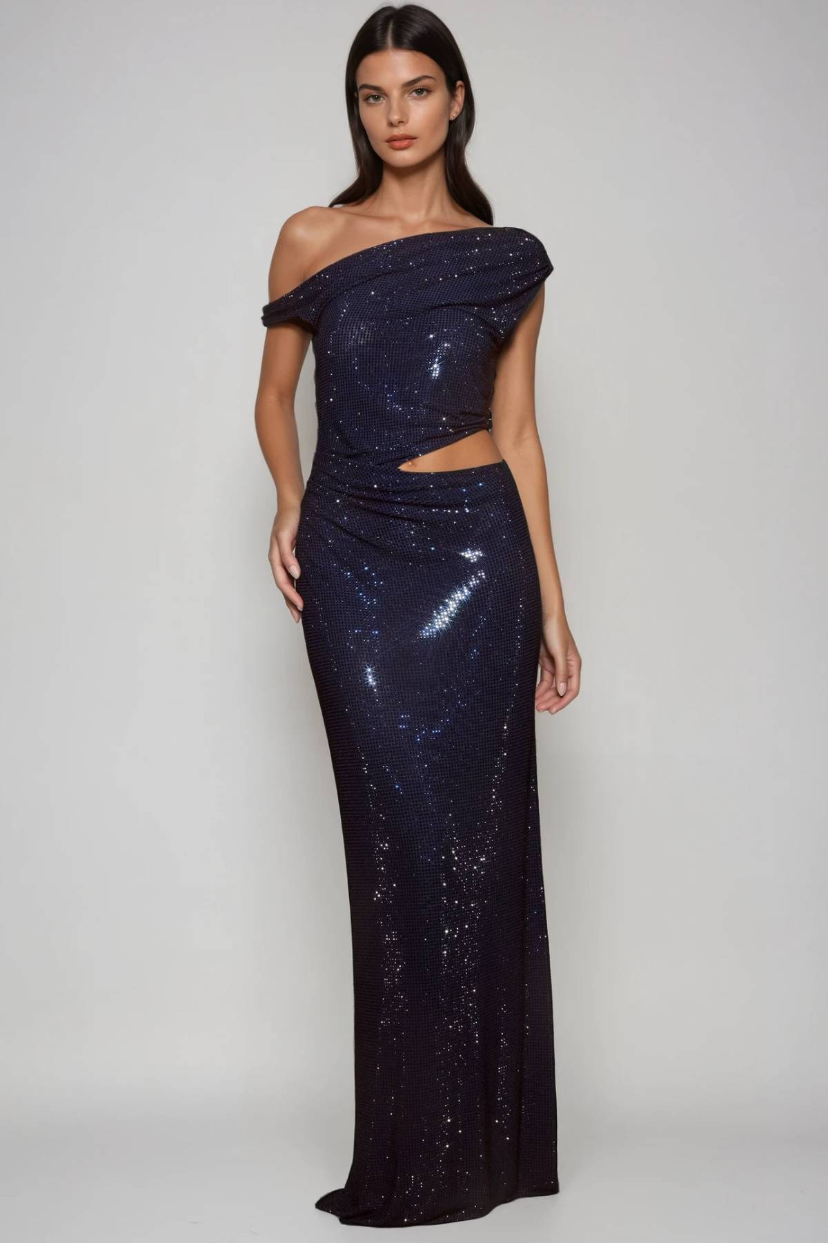 Berlioz Diamante One Shoulder Dress In Navy
