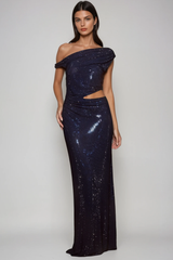 Berlioz Diamante One Shoulder Dress In Navy