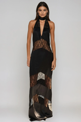 Bernal Satin Lace Cutout Floral Maxi Dress In Black