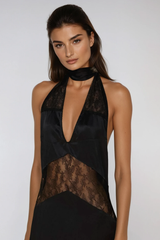 Bernal Satin Lace Cutout Floral Maxi Dress In Black