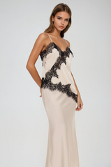 Bess Lace Asymmetric Satin Top In Beige