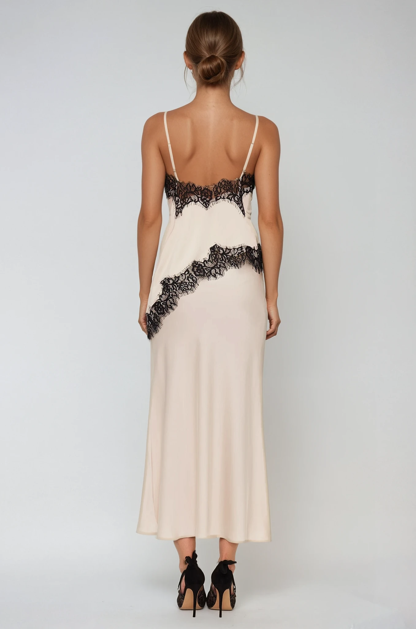 Bess Lace Asymmetric Satin Top In Beige