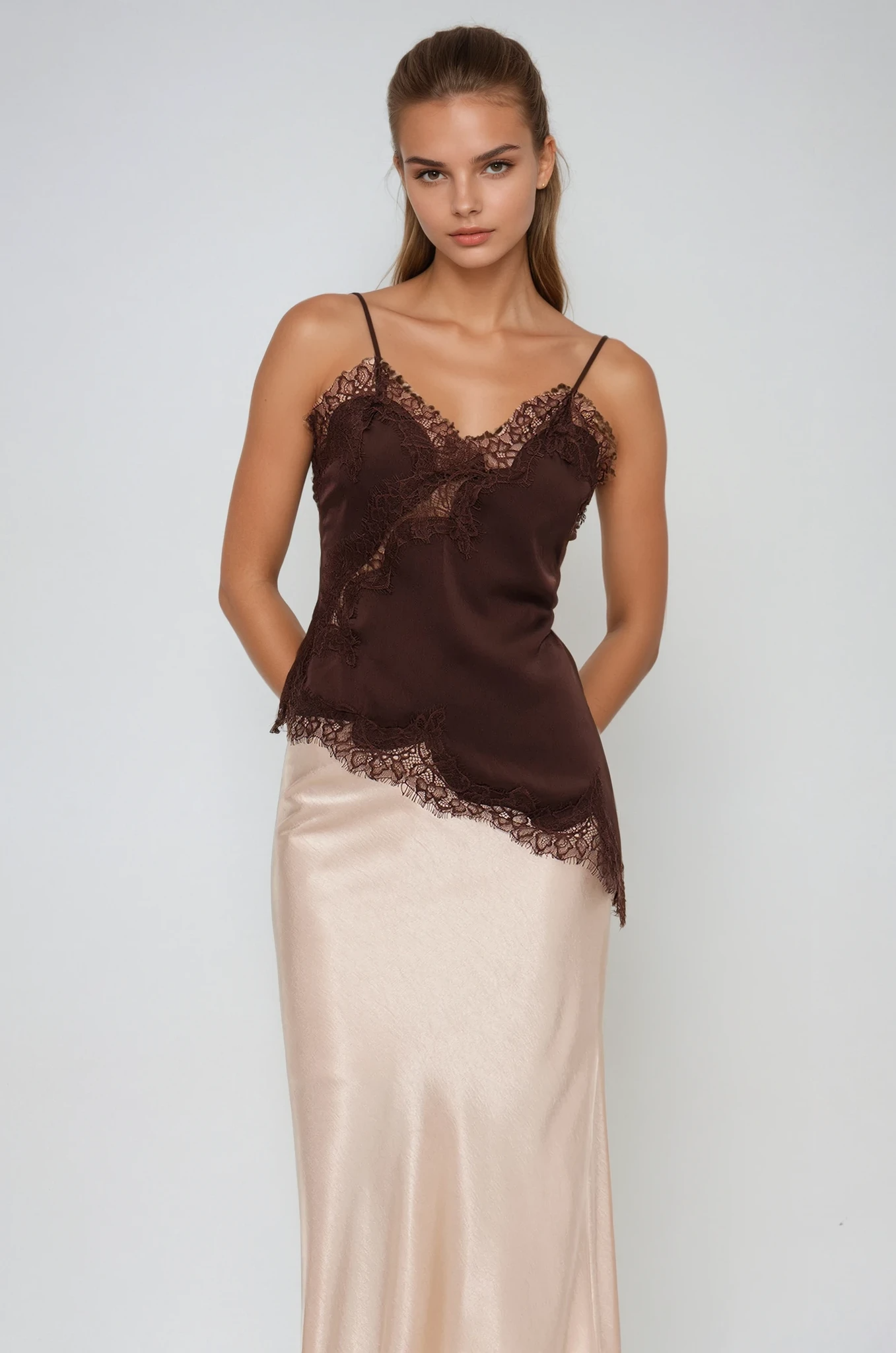 Bess Lace Asymmetric Satin Top In Brown