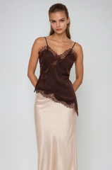 Bess Lace Asymmetric Satin Top In Brown