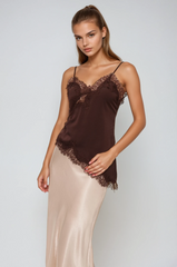 Bess Lace Asymmetric Satin Top In Brown