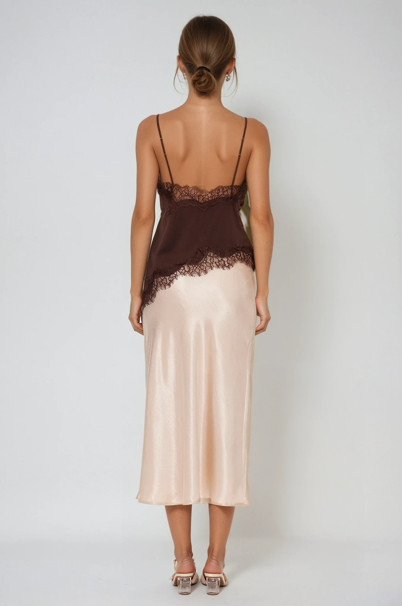Bess Lace Asymmetric Satin Top In Brown