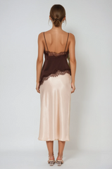 Bess Lace Asymmetric Satin Top In Brown