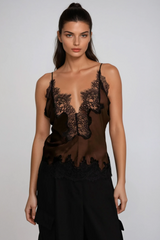 Bess Lace Satin Top In Brown