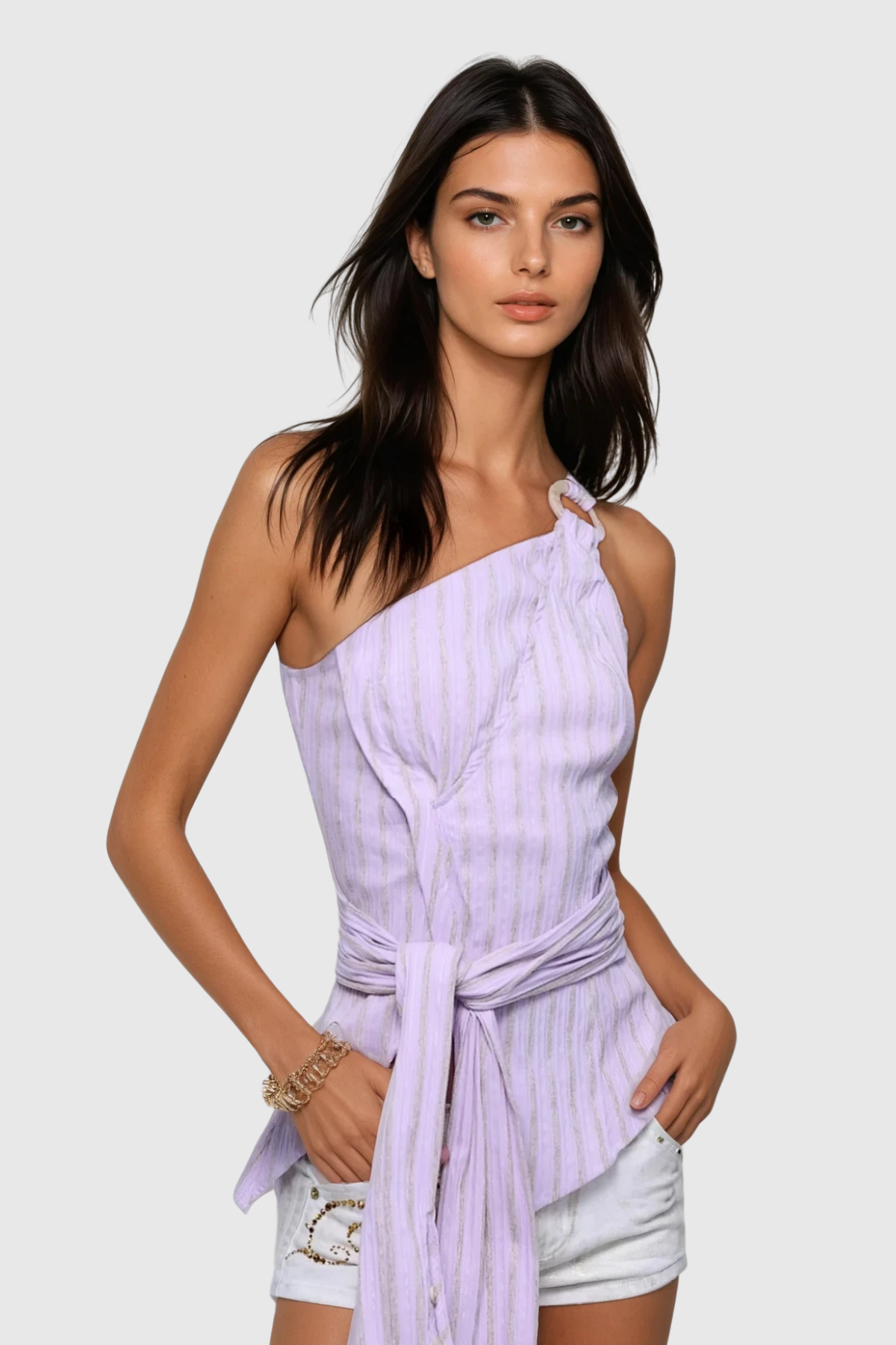 Bibigul Stripe One Shouder Lace Up Top