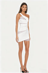 Bidelia Lace Mesh Single Shoulder Mini Dress In White