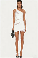 Bidelia Lace Mesh Single Shoulder Mini Dress In White