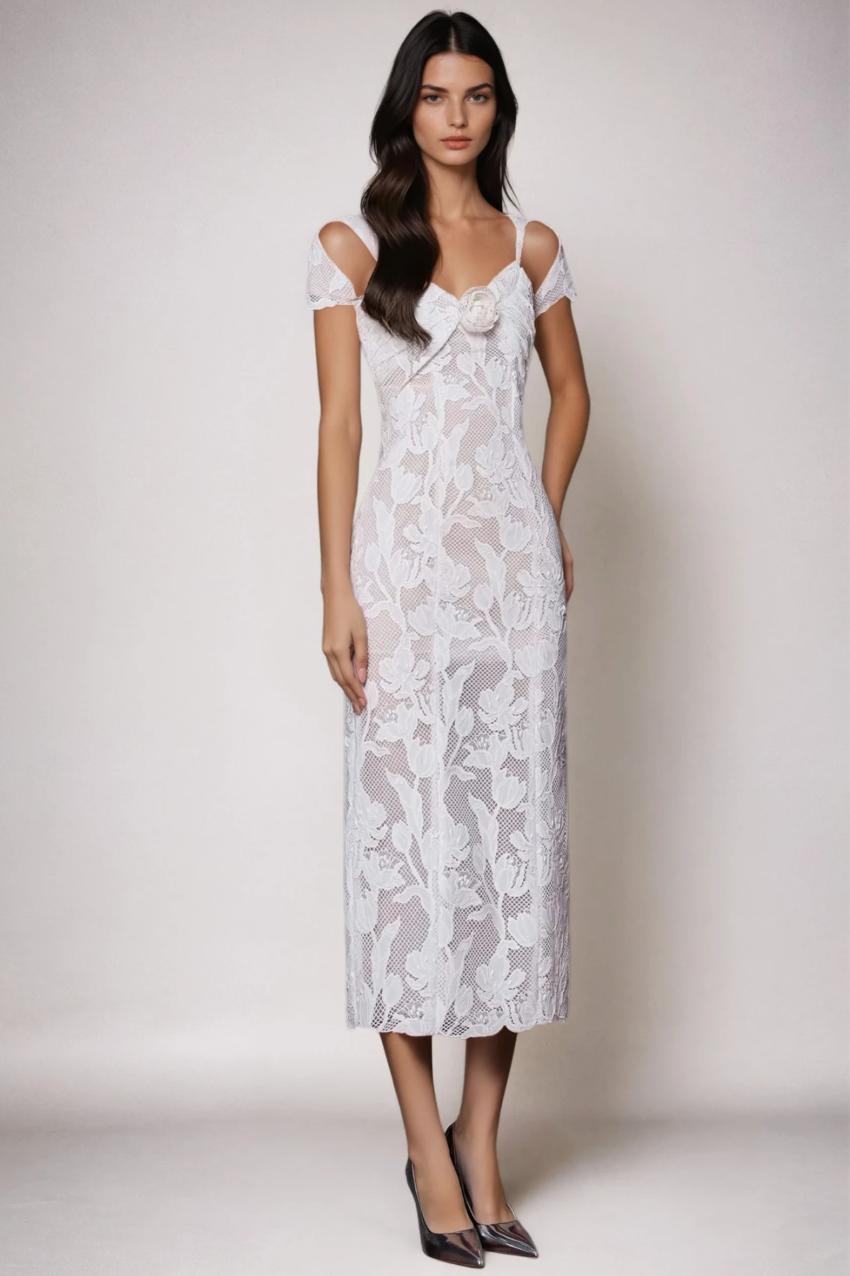 Bodie Flower Cutout Lace Midi Dress