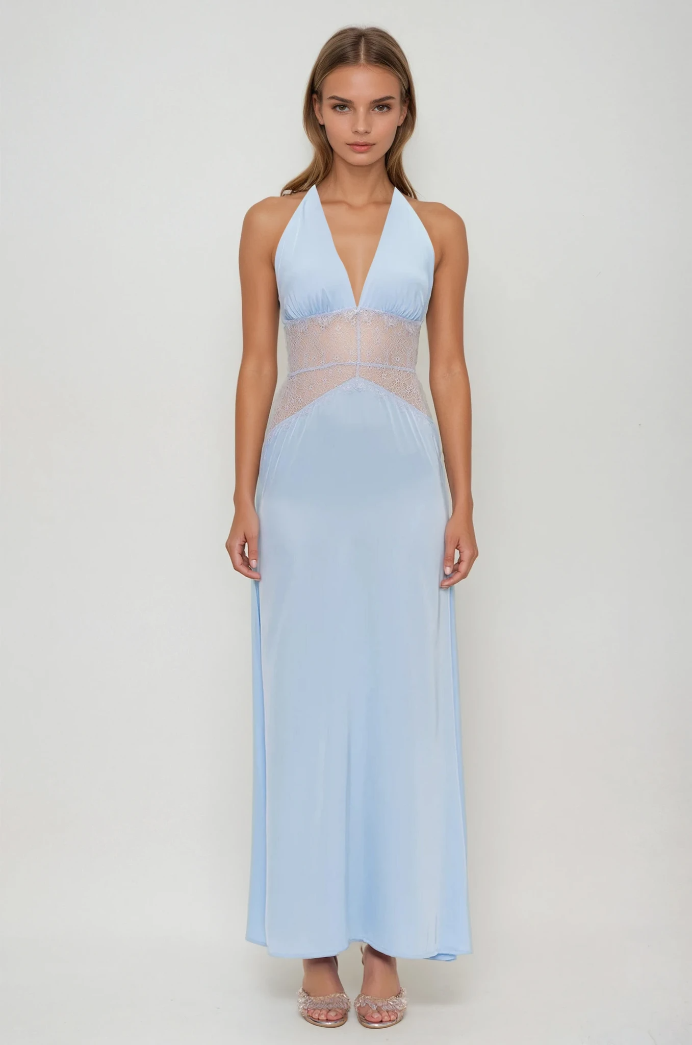 Bowie Lace Plunge Backless Maxi Dress In Blue