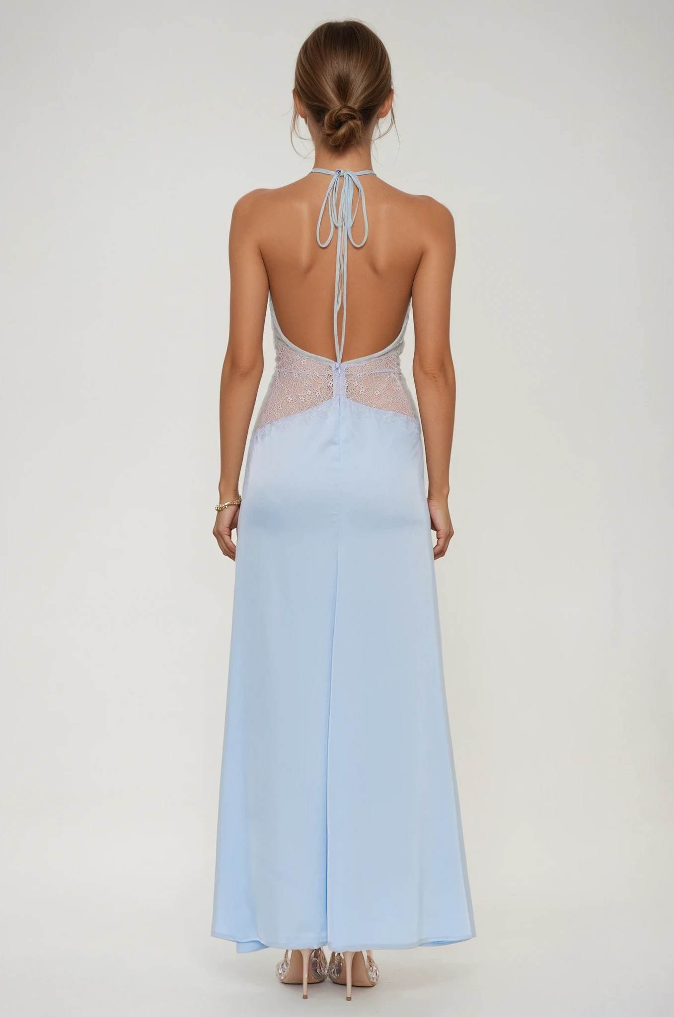 Bowie Lace Plunge Backless Maxi Dress In Blue