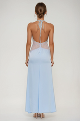 Bowie Lace Plunge Backless Maxi Dress In Blue