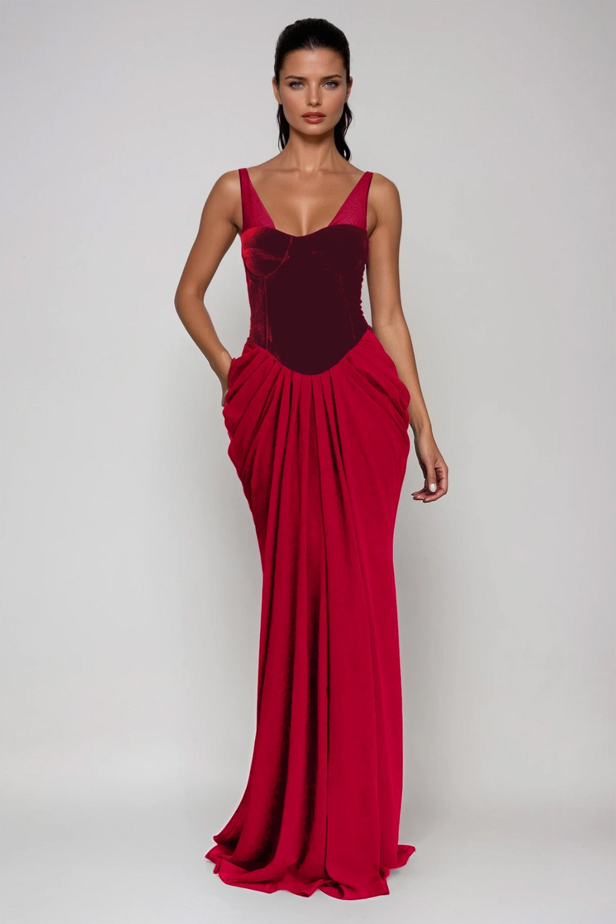 Boyan Mesh Ruch Maxi Dress In Red
