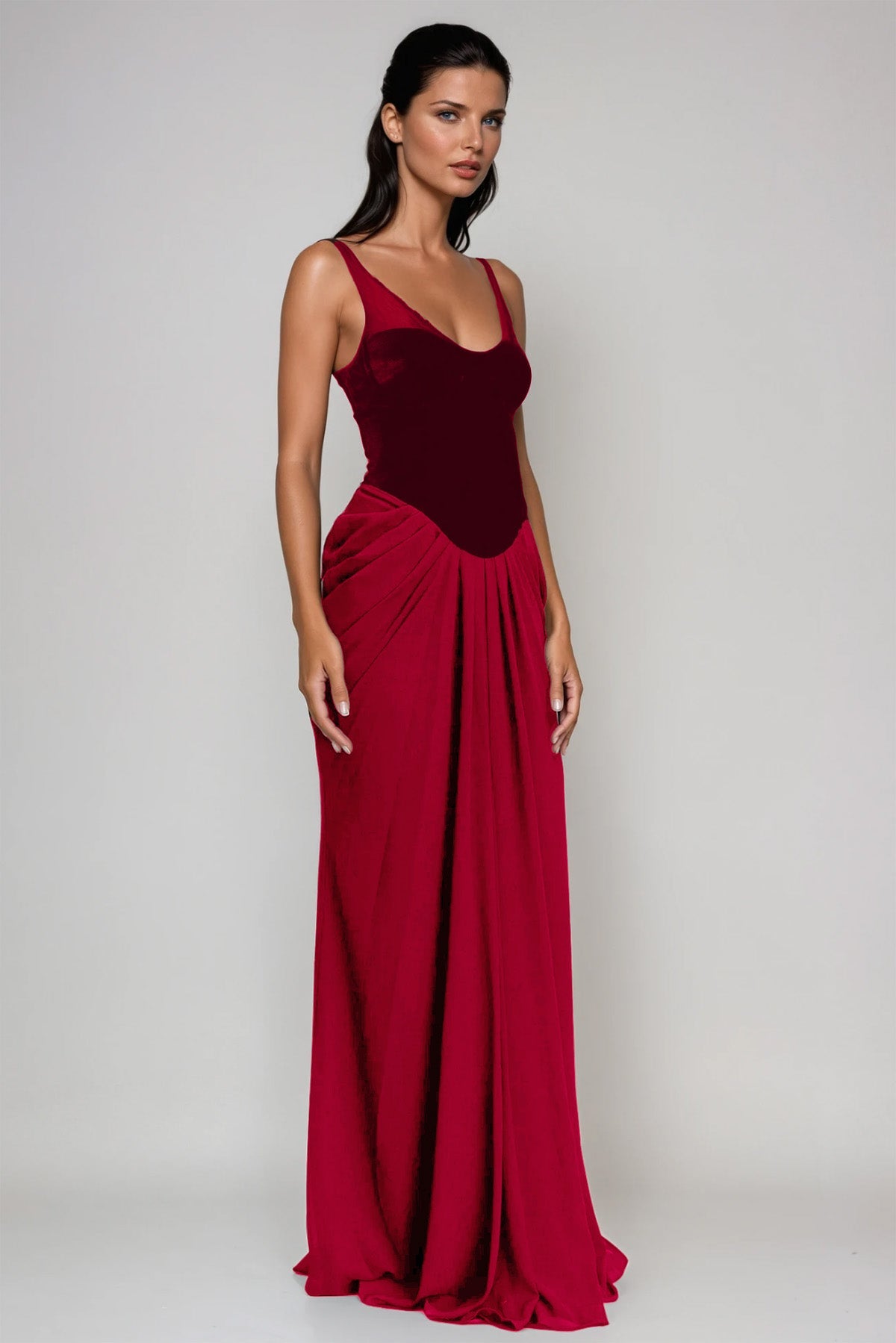 Boyan Mesh Ruch Maxi Dress In Red